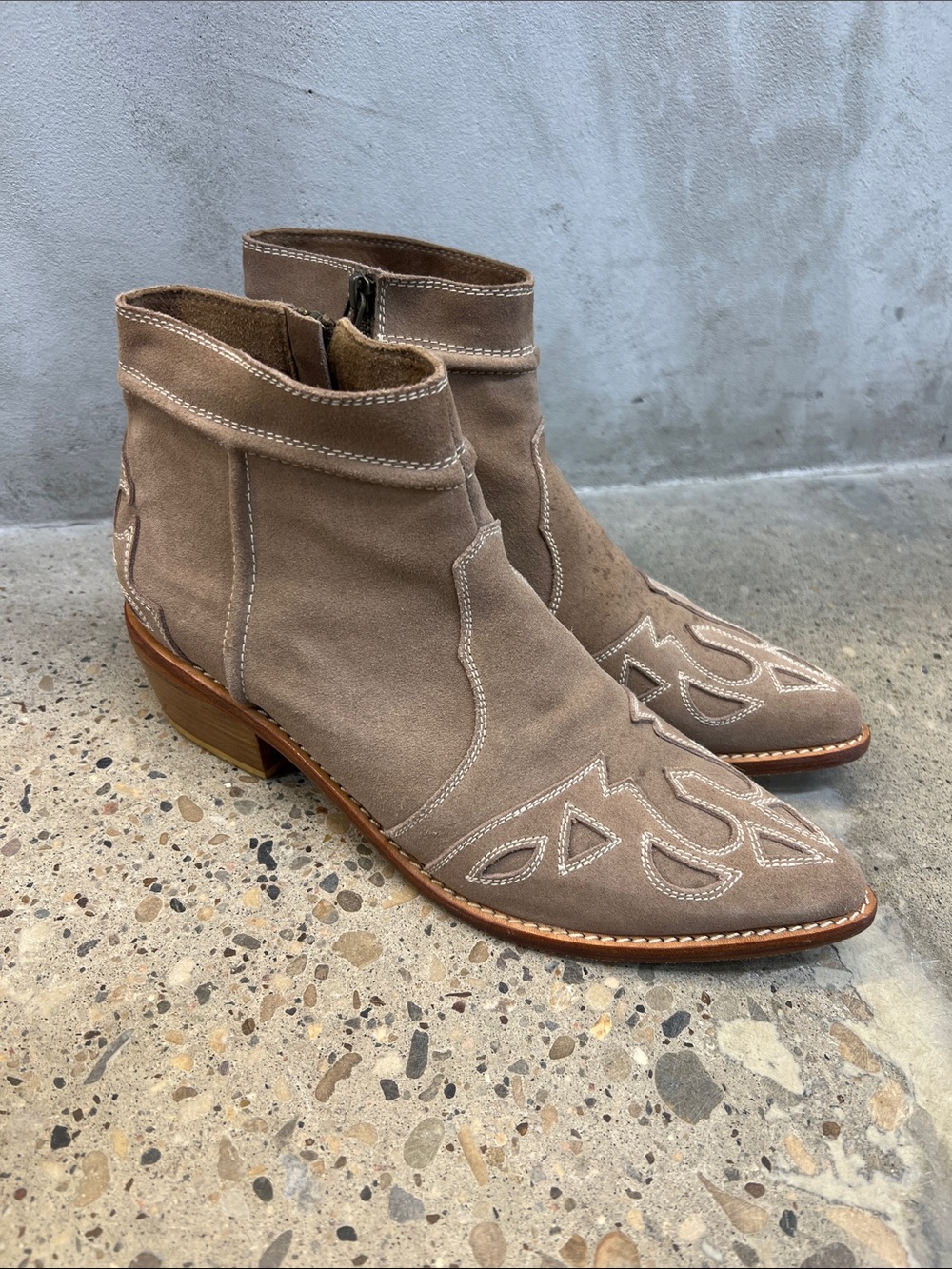 Women's Taupe Suede Western-Inspired Ankle Booties